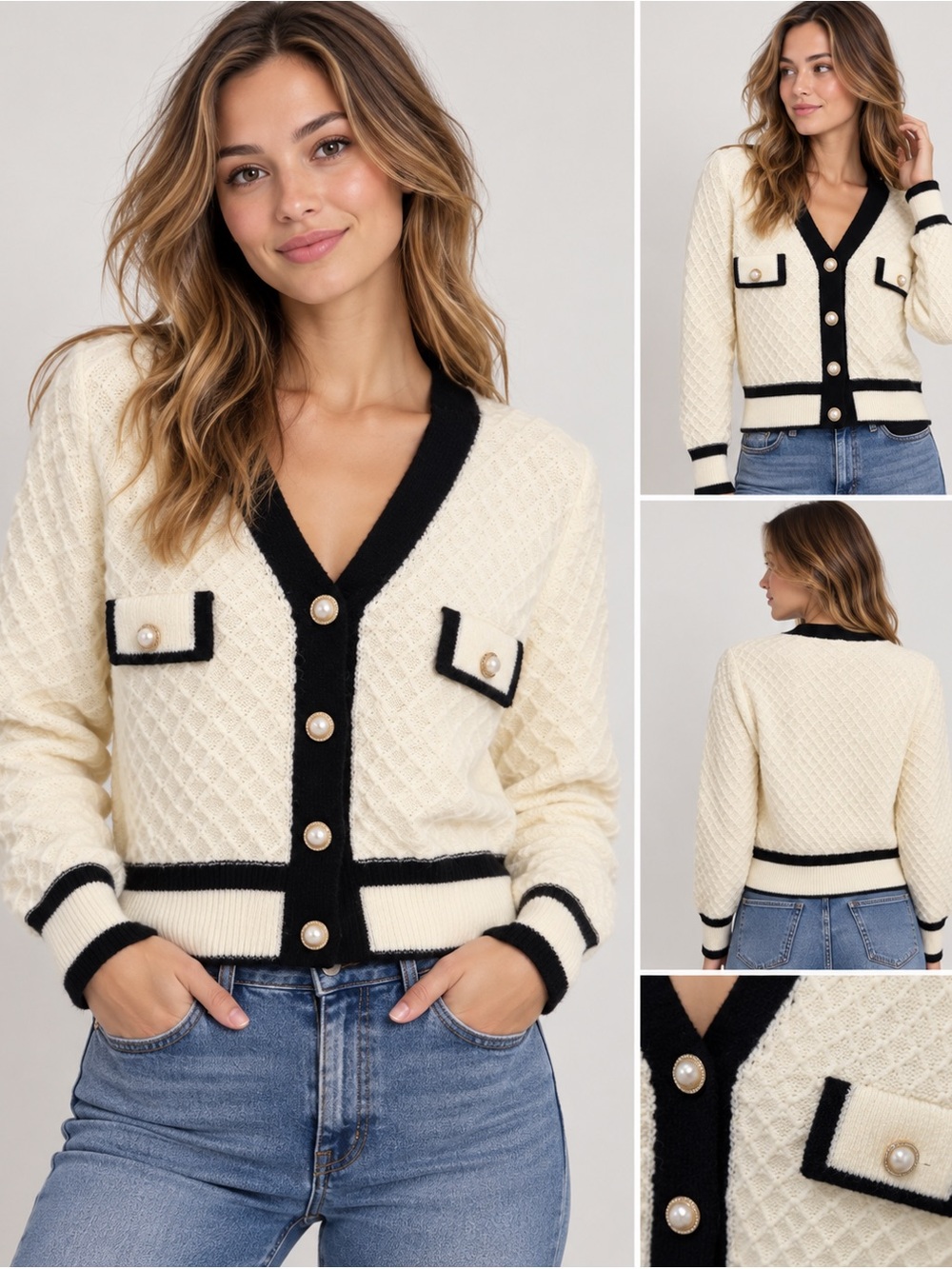 J.ING Cardigan Women L Ivory Black Contrast Trim Pearl Button Textured NWT